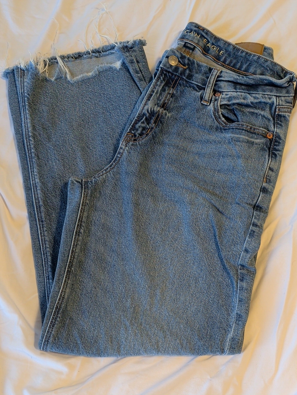 American Eagle Strigid Straight Leg Jeans - Medium Blue with Frayed Hem - 8 Long